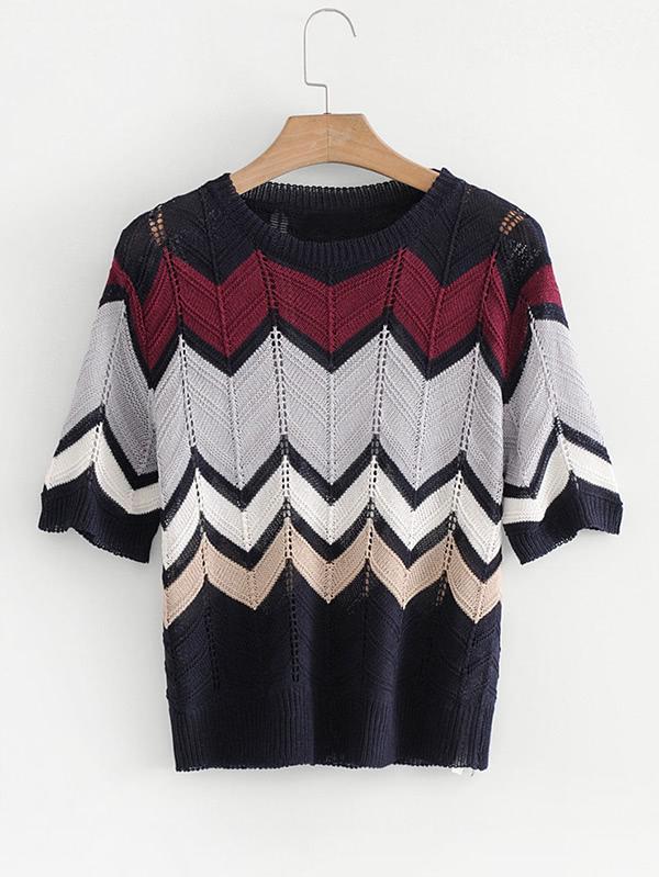 Romwe Chevron Pattern Pointelle Knitwear