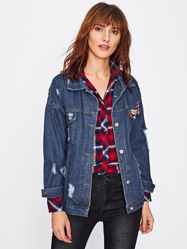 Romwe Ripped Drop Shoulder Charm Decoration Denim Jacket