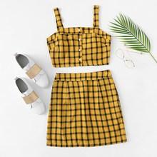 Romwe Single Breasted Checked Cami With Skirt