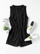 Romwe Eyelet Lace Up Cuffed Slub Romper