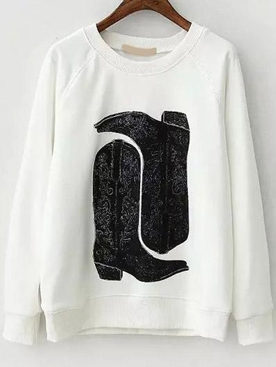 Romwe Boots Print White Sweatshirt