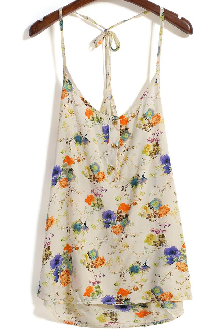 Romwe Spaghetti Strap Floral Buttons Apricot Vest