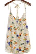 Romwe Spaghetti Strap Floral Buttons Apricot Vest