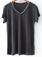 Romwe Black Chains V Neck Short Sleeve Casual T-shirt