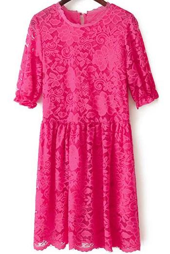 Romwe Red Half Sleeve Lace Pleated Dress