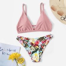 Romwe Ruched Cut-out Back Top With Random Tropical Bikini