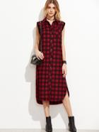 Romwe Checkered Frayed Trim Curved Hem Shirt Dress