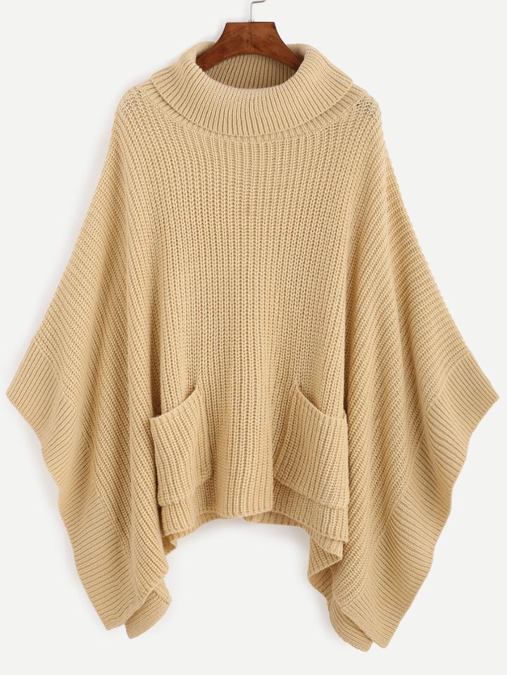 Romwe Apricot Turtleneck Dual Pocket Front Poncho Sweater