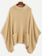 Romwe Apricot Turtleneck Dual Pocket Front Poncho Sweater