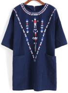 Romwe With Pockets Geometric Print Navy T-shirt