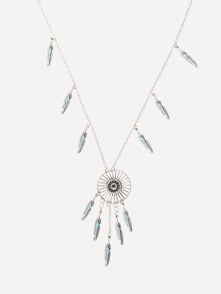 Romwe Silver Feather-shaped Fringe Pendant Necklace