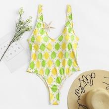 Romwe Plus Lemon Print Swimsuit