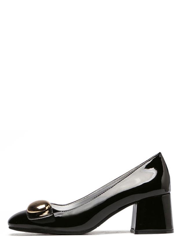 Romwe Black Square Toe Big Metal Button Chunky Pumps