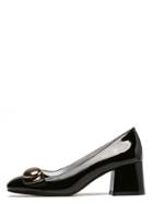 Romwe Black Square Toe Big Metal Button Chunky Pumps