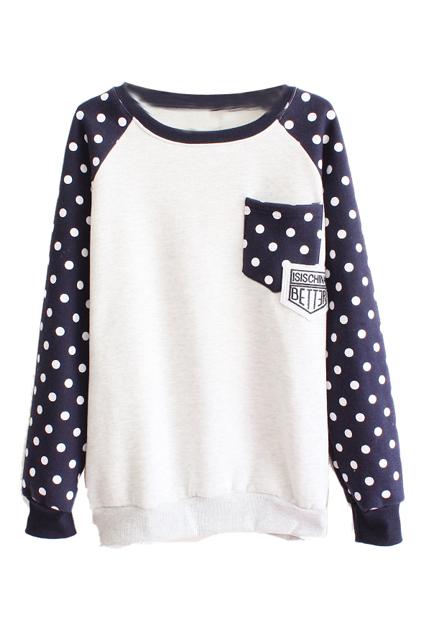Romwe Dot Print Pocketed Blue Sweatshirt