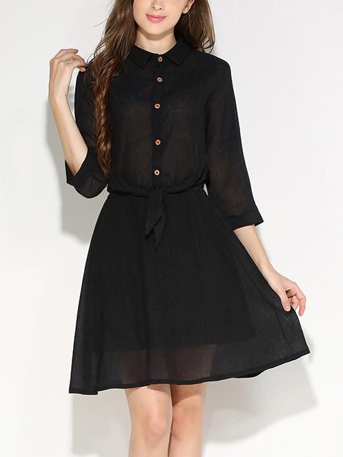Romwe Buttoned Front Self-tie Shirt Dress