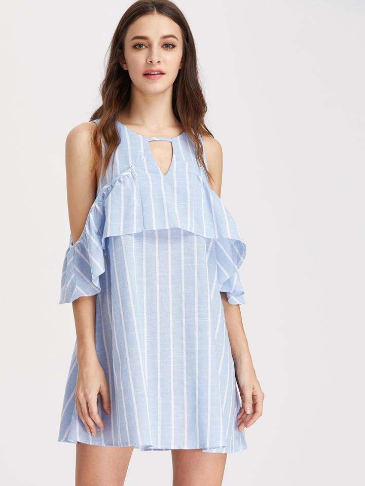 Romwe Open Shoulder Vertical Striped Ruffle Dress