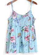 Romwe Spaghetti Strap With Buttons Florals Blue Cami Top
