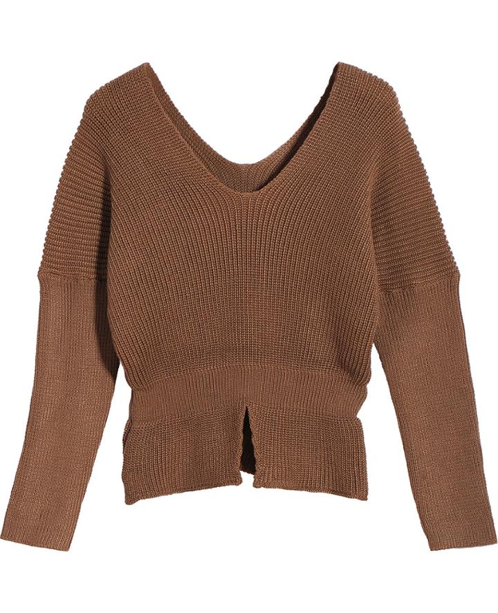 Romwe V Neck Split Crop Coffee Sweater
