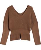 Romwe V Neck Split Crop Coffee Sweater
