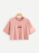 Romwe Drop Shoulder Cherry Embroidered Tee