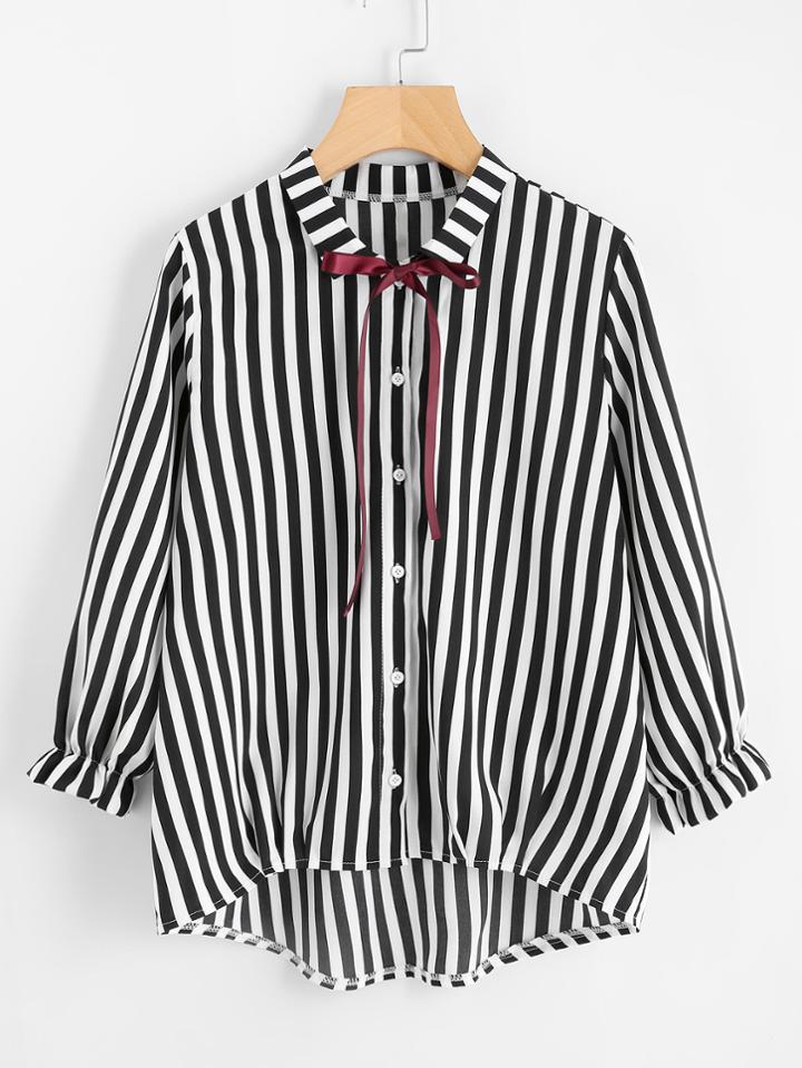 Romwe Single Breasted Tie Neck Dip Hem Striped Shirt