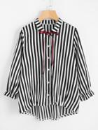 Romwe Single Breasted Tie Neck Dip Hem Striped Shirt