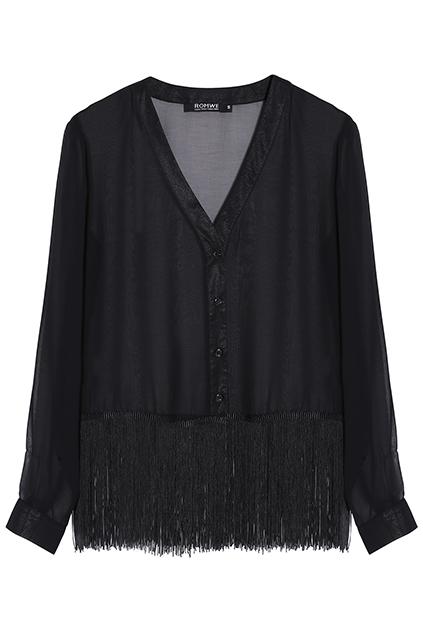 Romwe Semi-sheer Tassels Chiffon Shirt