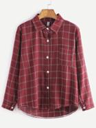 Romwe Burgundy Grid High Low Pocket Shirt