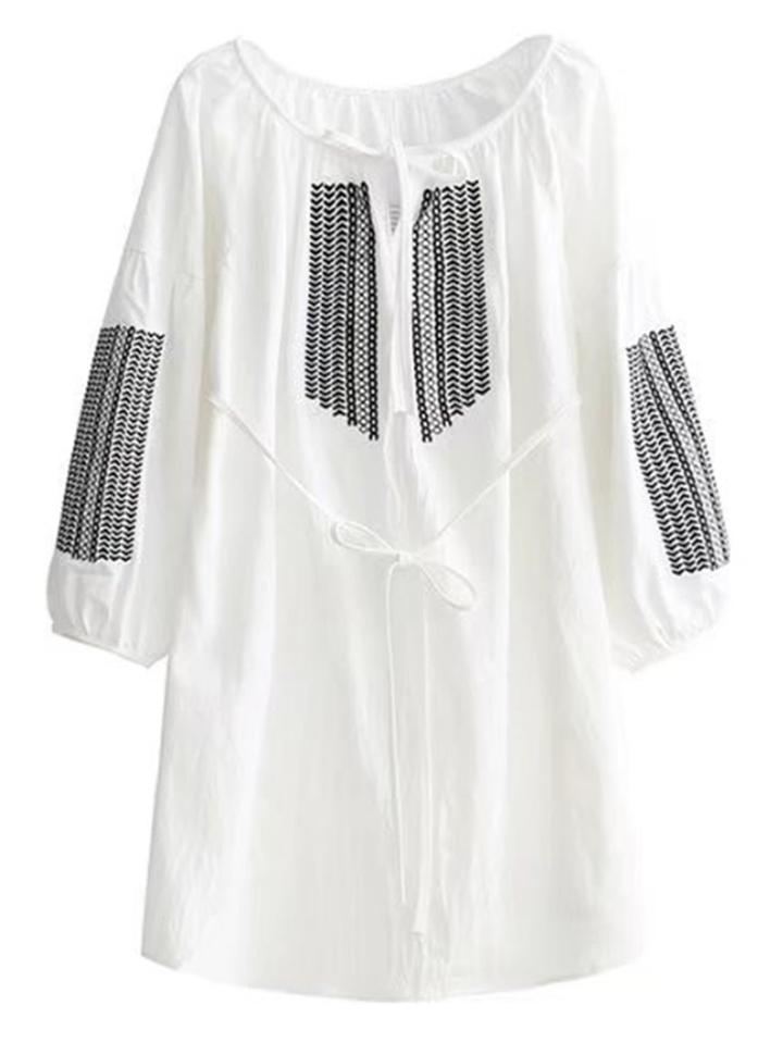 Romwe Embroidered Detail Self Tie Longline Blouse