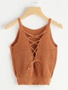 Romwe Plunge Neck Lattice Front Chunky Knit Top