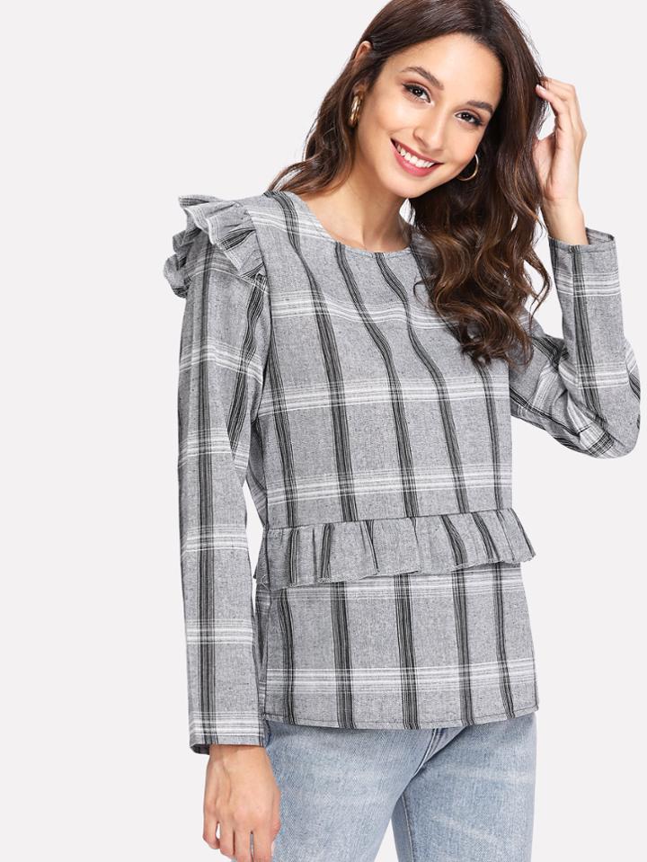 Romwe Ruffle Trim Plaid Blouse