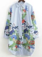 Romwe Blue Flower Print Vertical Striped Shirt Dress