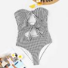 Romwe Striped Cut-out Ruched Bandeau One Piece Swim