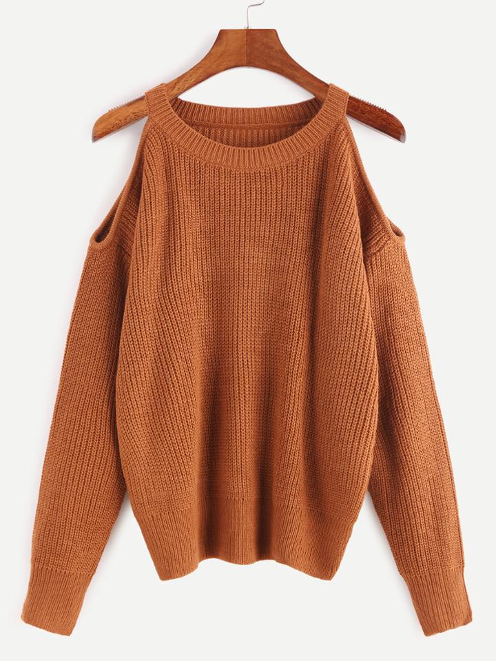 Romwe Brown Cold Shoulder Loose Sweater