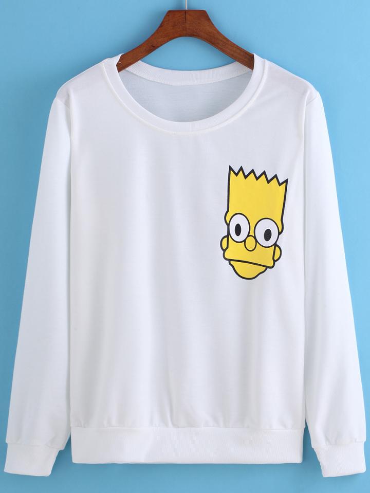 Romwe White Round Neck Simpson Print Loose Sweatshirt