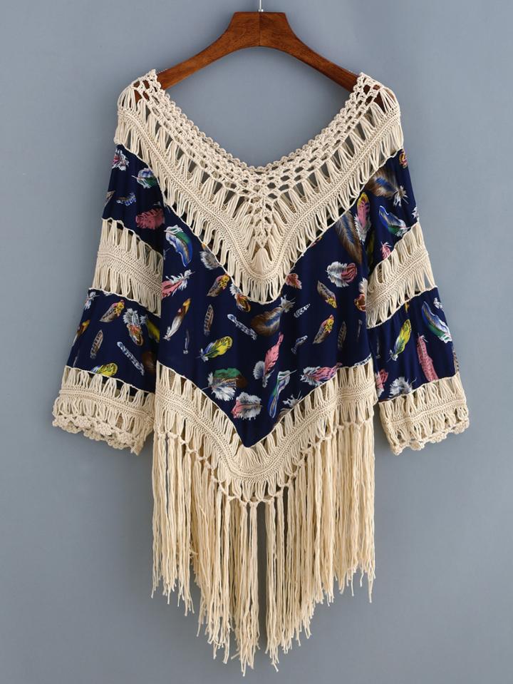 Romwe V Neck Fringe Hollow Out Feather Print Shirt