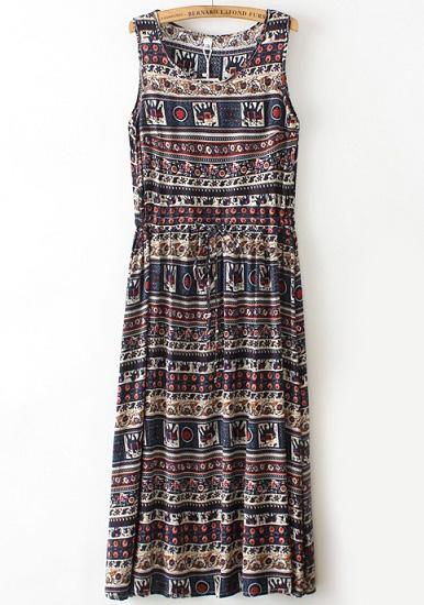Romwe Navy Sleeveless Vintage Floral Pleated Dress