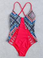 Romwe Red Printed Ladder Cutout Cross Back One-piece Swimwear