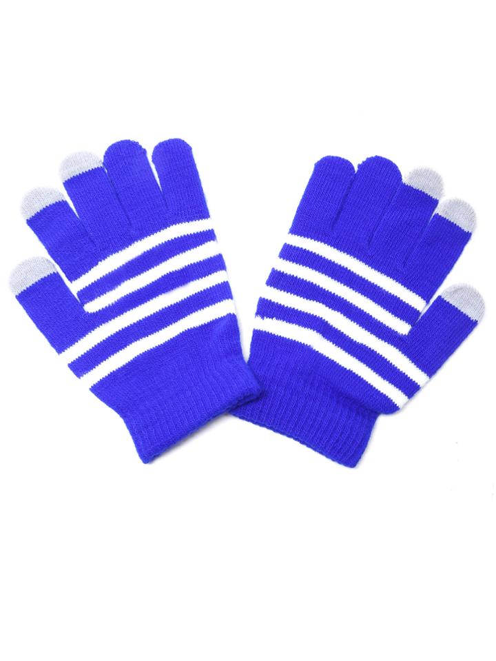 Romwe Sky Blue Striped Knit Textured Telefingers Gloves