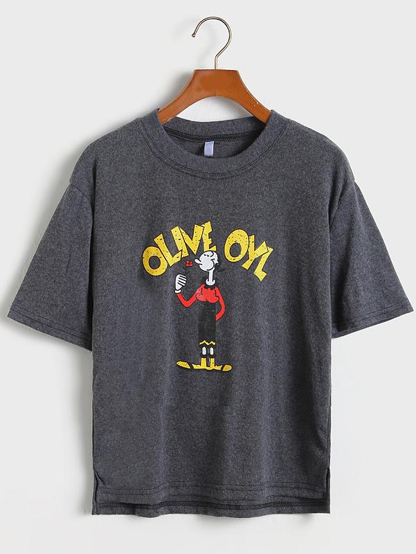 Romwe Dip Hem Cartoon Print Dark Grey T-shirt