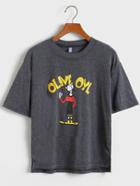 Romwe Dip Hem Cartoon Print Dark Grey T-shirt