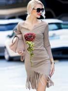 Romwe Grey Long Sleeve Rose Sequined Sparkely Glittery Cozy Costume Tassel Dress