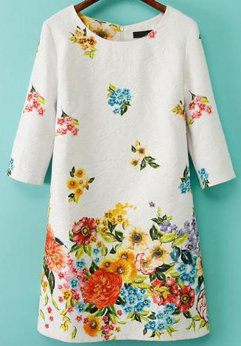 Romwe White Round Neck Floral Jacquard Straight Dress
