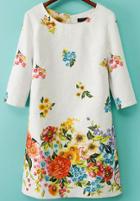 Romwe White Round Neck Floral Jacquard Straight Dress