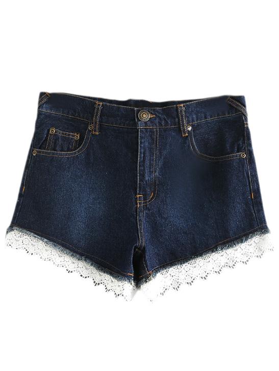 Romwe Dark Blue Pockets Lace Trim Ripped Hole Denim Shorts