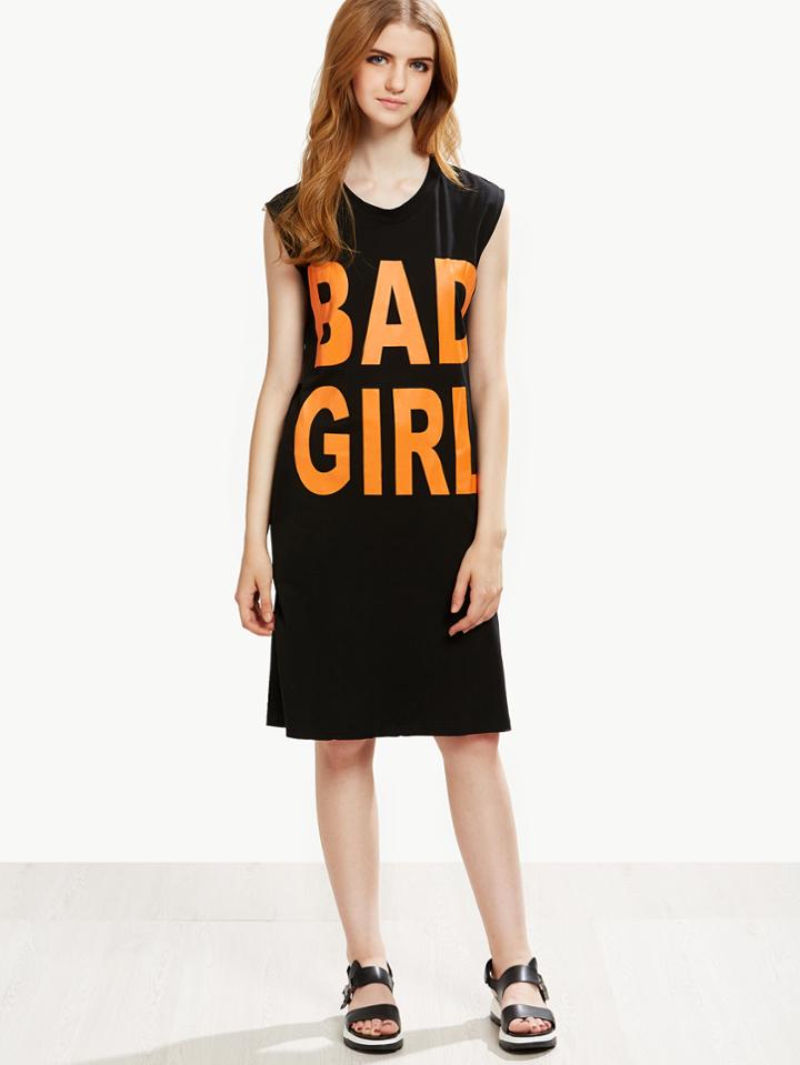 Romwe Black Letter Print Knotted Cutout Dress