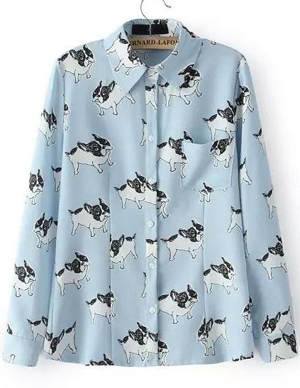 Romwe Blue Lapel Long Sleeve Dogs Print Blouse