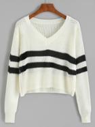 Romwe White Striped V Neck Crop Sweater