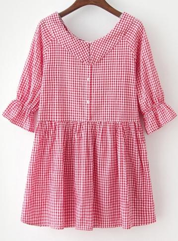 Romwe Red Bow Collar Plaid Loose Dress